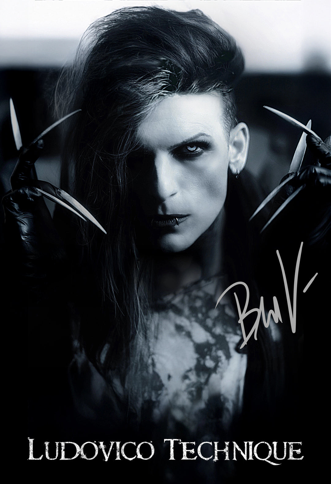 Second image at a different angle of the Black and white Ben V portrait with white 'Ludovico Technique' logo on a black background at the bottom